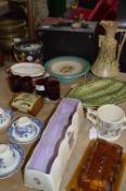 Table Lot of Blue and White Teaware, Vases, PLates, Glassware, Jug, Glass Butter Dish, etc.