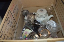 Box Containing Pottery, Silver Plate Cups, Teapot, Glass Flutes, etc.