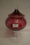 Large Cranberry Glass Lidded Bowl on Pedestal Base
