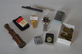 Tray Lot Including Wristwatches, Lighters, Small Telescope, Pen and Military Buttons