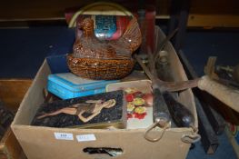 Box Lot of Collectable Tins, Knife Sharpeners, Scythe, Tray, Pipe Rack, Brass Weights, etc.