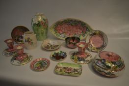 Fourteen Pieces of Assorted Maling Ware: Candle Sticks, Pin Dishes, Vase, etc.