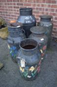 Five Black Painted Milk Churns