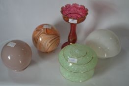 Four Small Deco Glass Ceiling Lamps and a Ruby Glass Lustre