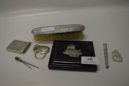 Assorted Silver Items; Brush, Match Case, ARP Badge, Cigarette Case, etc.