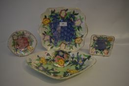 Five Pieces of Maling Pottery: Lustre Godetia Dish, Green and Blue Dishes