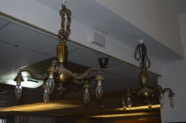 Pair of Brass Five Branch Ceiling Light Fittings