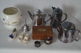 Tray of Silver Plated Tea Set, Posy Vase, POttery Clogs