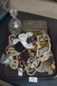 Tray Lot of Costume Jewellery, Pin Dishes and a Small Decanter