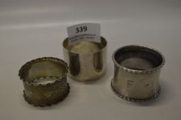 Three Assorted Solid Silver Napkin Rings, Approx 69g