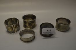Five Assorted Silver Napkin Rings Approx. 100g