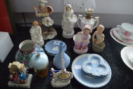 Wedgwood Vases, Bisque Figures, Small Oil Lamp, Etc.