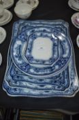 Graduated Set of Blue and White Meat Plates with Three Dinner Plates