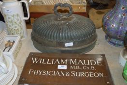 Plated Serving Dish Cover and Two Brass Plaques for Dr William Maude