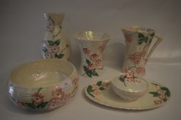 Six Pieces of Maling Pottery: Pearl Lustre Jug, Bowls, Vases and Dishes