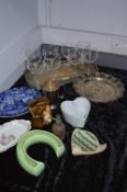 Table Lot; Silver Plate Tray, Glassware, Vases, Blue and White Dish and Hornsea Pottery