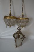 Brass and Glass Ceiling Light and a Pair of Glass Droplet Chandeliers