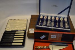 Cased Enameled Spoon Set, Royal Crown Derby Cake Knife and a Cased Butter Knives