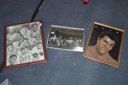 2 Framed Boxing Legends Prints & 1 Muhammad Ali Painting