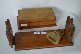 Oak Sliding Bookshelf with Fretwork Ends, A Box and a Clothes Brush