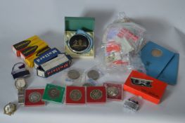 Tray of Commemorative Coins, Boxed Valves, Stamps, Watches and Lighters