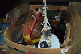 Box Containing Plated Tray, Clock, Mahogany Box, Bottle of Baileys, Bottle of Punch, Angle Poise