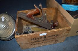 Small Pine Box Containing Acorn Plane and Hand Tools