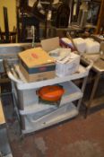 Three Tier Catering Trolley Assorted Branded and Other Glasses and Casserole Dishes, etc.