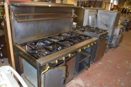 Continental Style Seven Burner Gas Range over Oven with Splash Back and Ingredients Rack to Rear