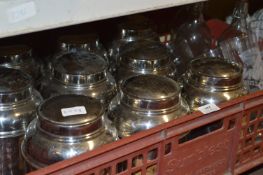 Tray Containing Nine Stainless Steel Tea Caddies, Branded Pint Glasses, etc.