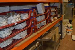 Nine Bread Basket Containing Assorted White Crockery Including Pizza Plates, Cups, Saucers,