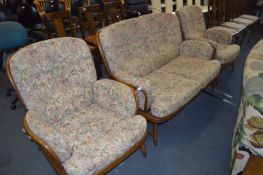 Ercol Stickback Floral Cushioned Upholstered Three Piece Suite