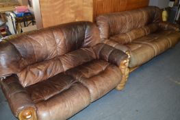 Oak Framed Brown Leather Three Seater and Two Seater Suite
