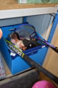 Box Containing Assorted Sports Equipment; Hockey Sticks, Squash and Badminton Rackets, etc.
