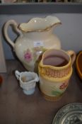 Water Jug, Majolica Jug and a White Glass Jug