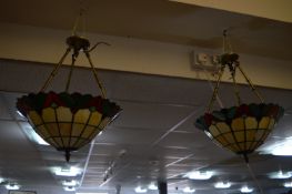 Pair of Lead Glazed Tiffany Style Ceiling Lights and a Pair of Wall Lights