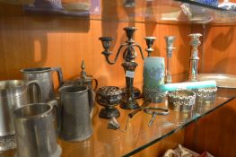 Silver Plate Candelabra, Pewter Mugs, Pewter Dish, etc.