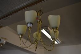 Brass Five Branch Light Fitting with Shades