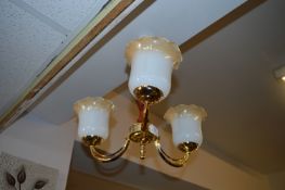 Brass and Light Three Branch Light Fitting with Shades