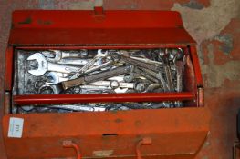 Red Metal Toolbox Containing Assorted Combination and Open Ended Spanners