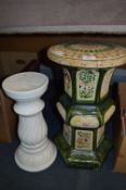 Chinese Pottery Majolica Plant Stand and a White Pottery Plant Stand
