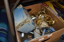 Box Containing Ceiling Lights, Oil Lamp, Anglepoise Desk Lamps and a Iron