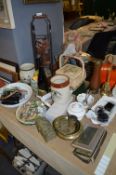 Decorative Plates, Ornaments, Sewing Box, Wine Rack, Brass Door Stop, Pottery, etc.