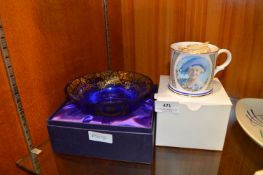 Commemorative Blue Glass Bowl and Queen Mother Mug