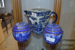 Ringtons Blue and White Willow Patterned Jug and Two Lidded Ginger Jars