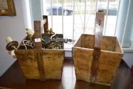Two Wooden Log Buckets and Brass Wall Lights