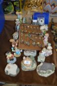Table Lot of Ornaments; Cottages, Teddy Bears and Collectors Spoons