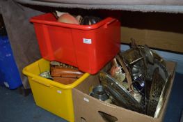 Three Boxes Containing Stainless Steel Ware, Plated Ware, Model Ship, Shire Horse, Ornaments, etc.