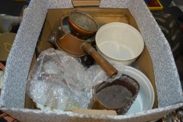 Box Lot of Royal Worcester Dinnerware, Table Mats, Copper Pan and Glassware