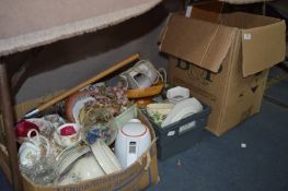 Three Boxes Containing Ornaments, Pottery, Glassware, Iron, Teapots, etc.